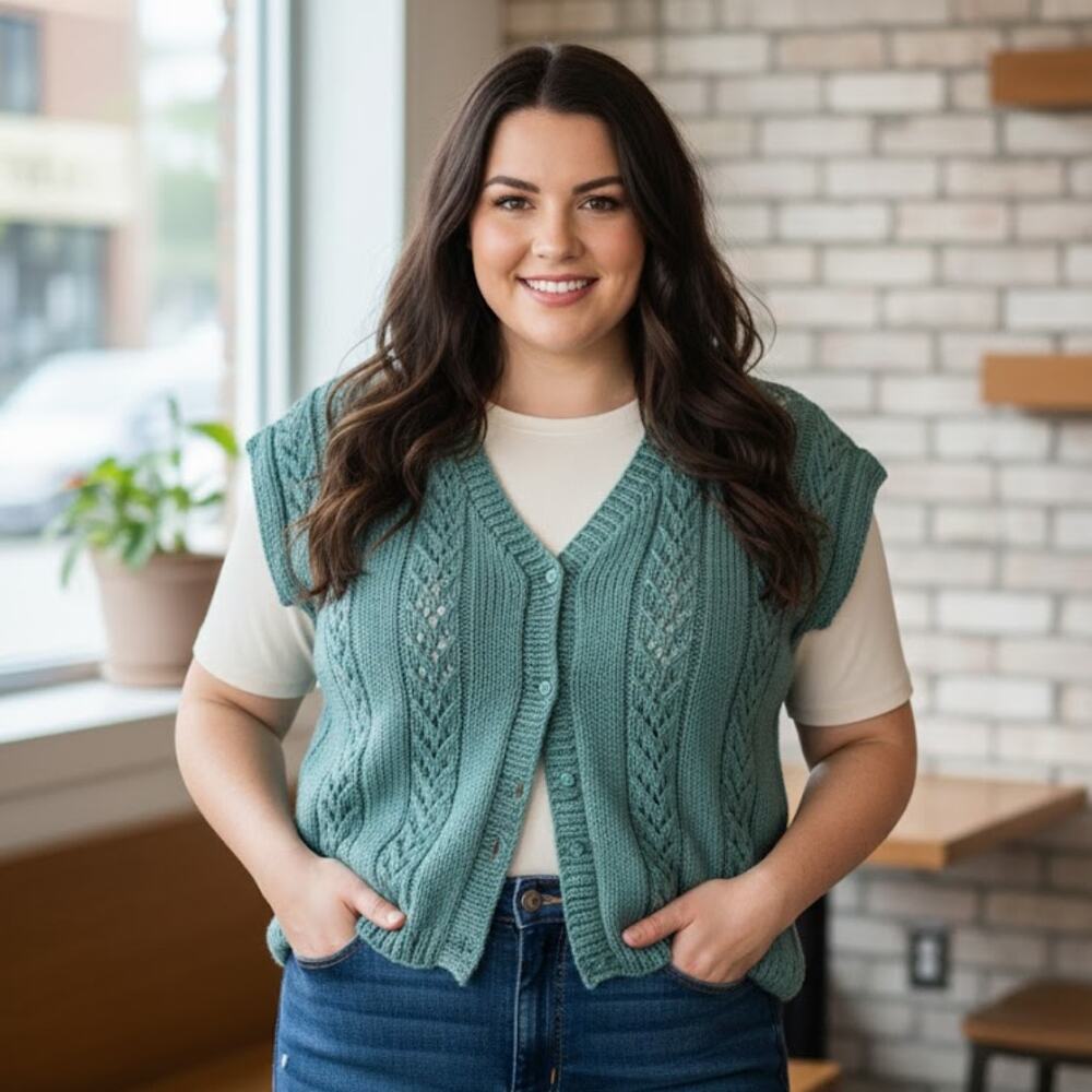 Handmade Teal Knit Button Up Pointelle Sleeveless Sweater Vest XXL Boho OOAK